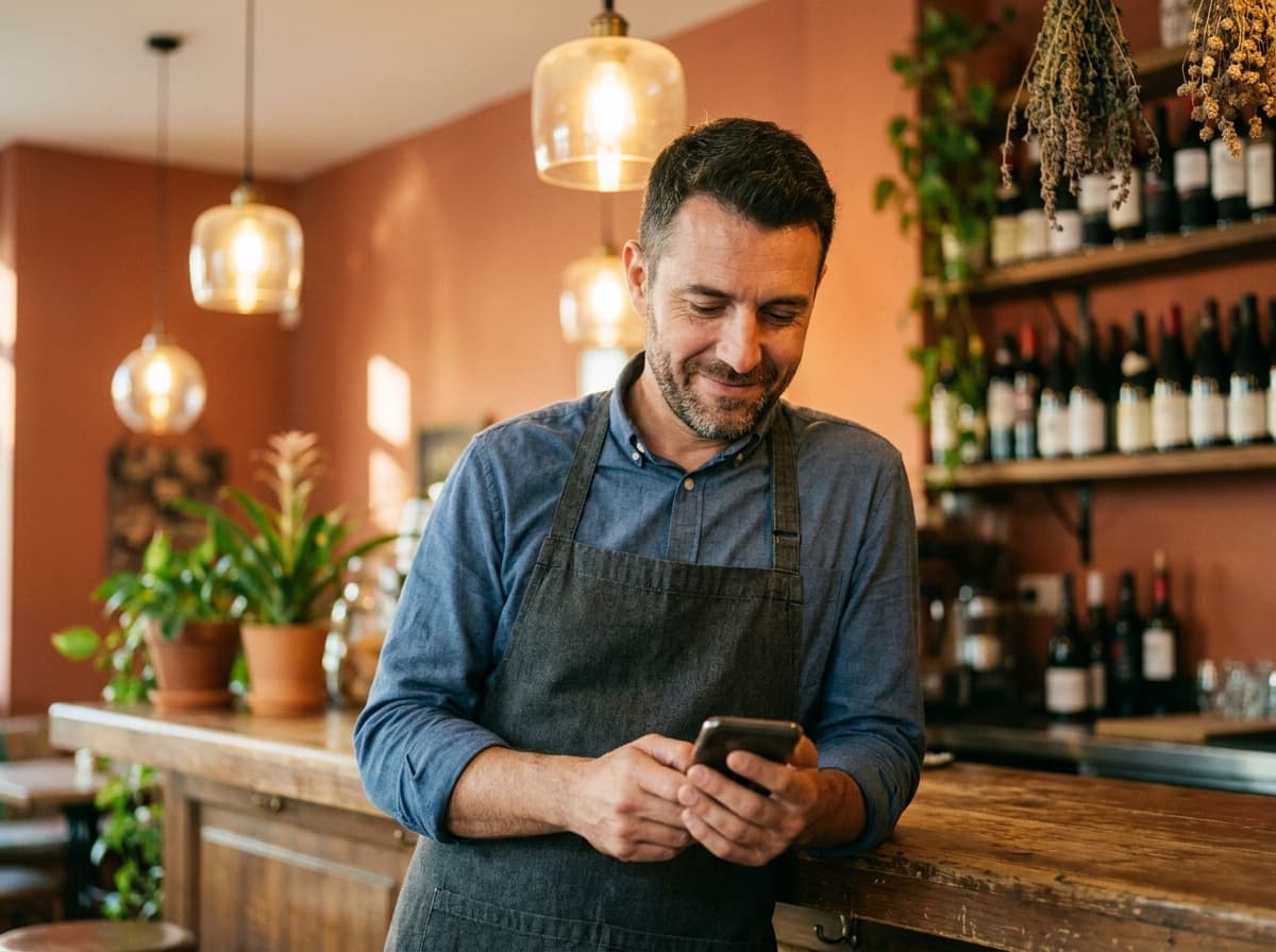 Restaurant owner checking his takings on a phone behind the bar