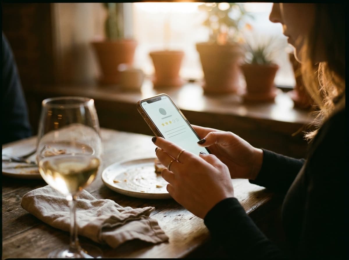 Guest leaving a five-star review on their phone after paying