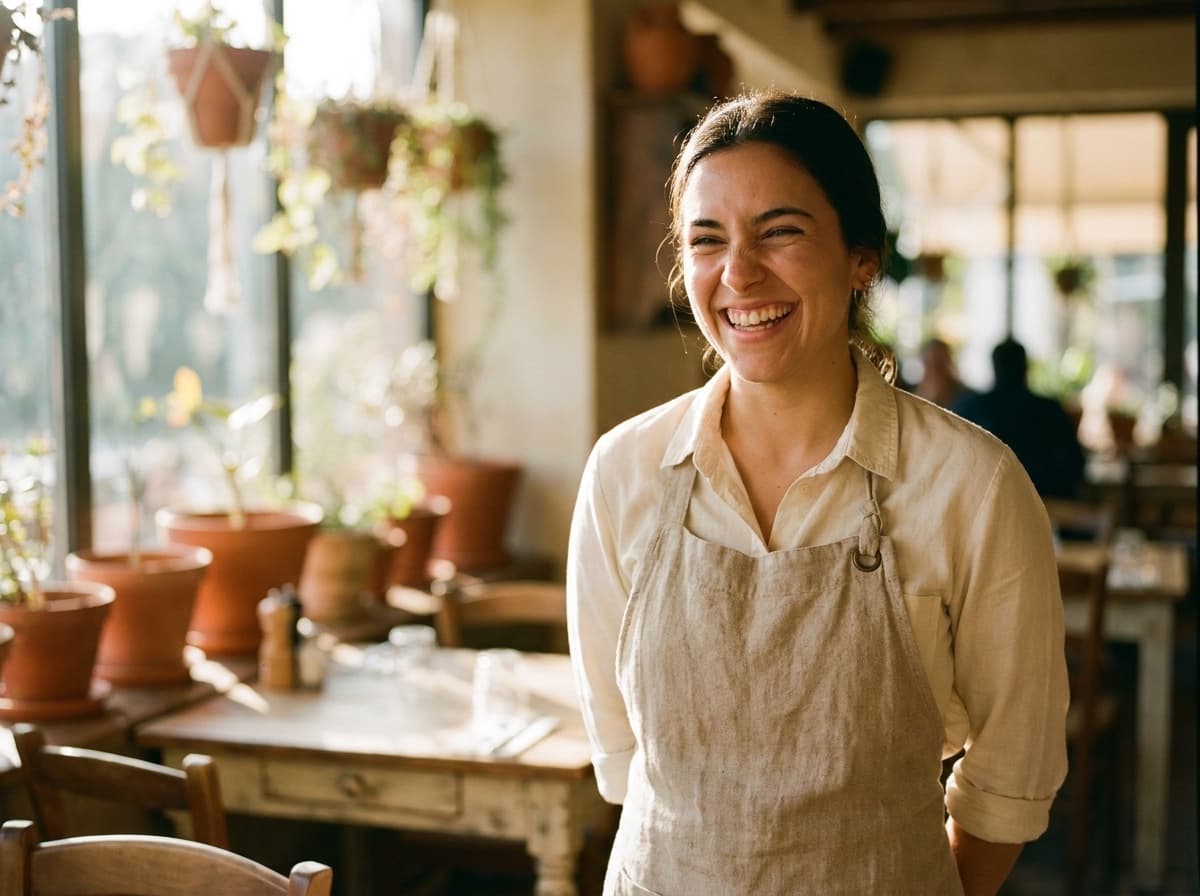 Happy young server laughing in a sunlit Mediterranean restaurant